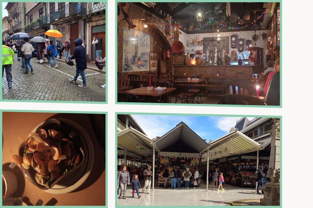 Free walking tour group exploring Porto, a local Porto restaurant and a shot of fresh clams, Fresh produce and local vendors at Mercado do Bolhão