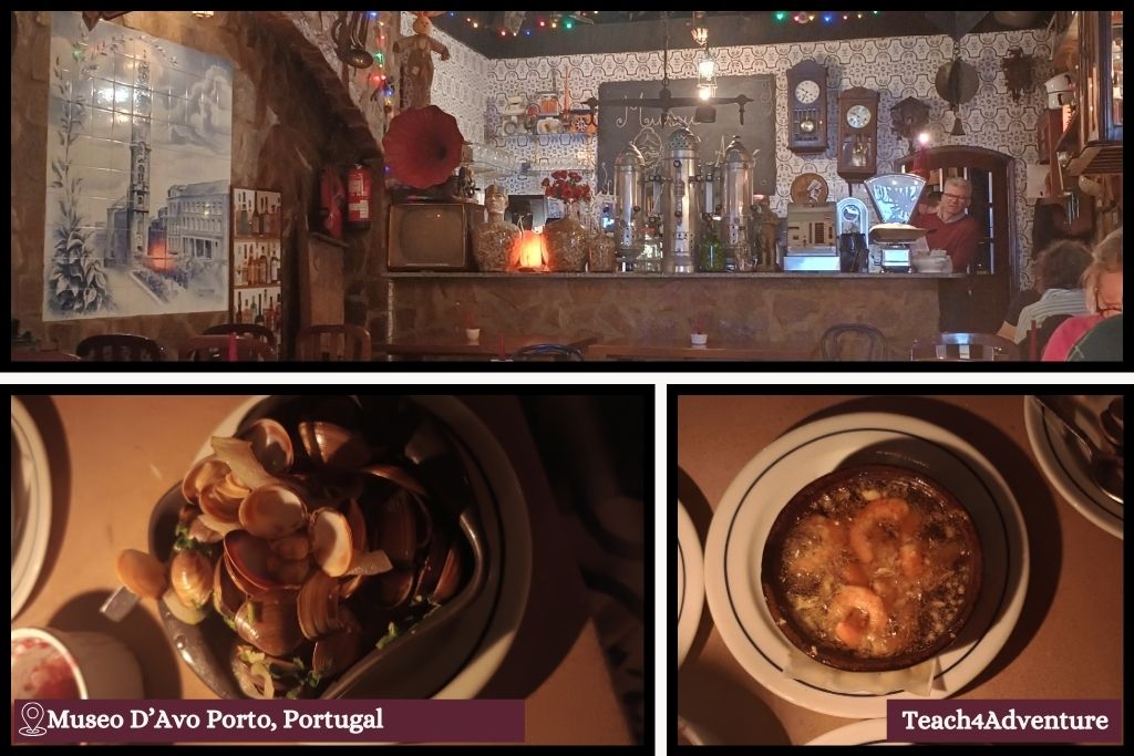 Picture of the eclectically decorated restaurant Museo D'Avo, Clams, and the Garlic Shrimp. A great place to add to your Porto Itinerary for a small bite
