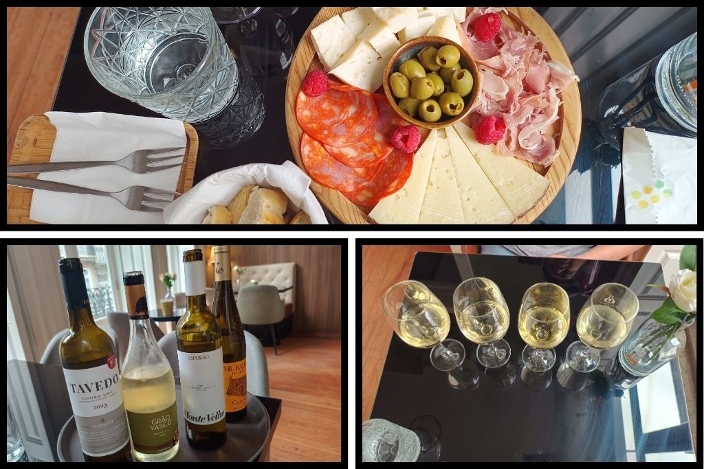 3 photos top a cheese board with meats and the bottom left 4 wines for a tasting and bottom right those wines poured 