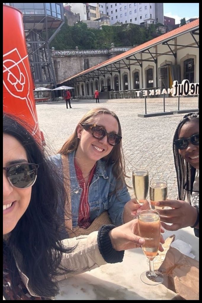 Three of us on the long terrace at Timeout Market 