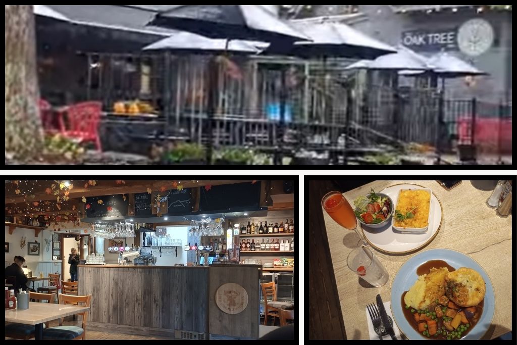 The Oak Tree Inn where we had lunch in Balmaha in Loch Lomond with a picture of lunch a meat pie with mash and mac n cheese; the bar inside 